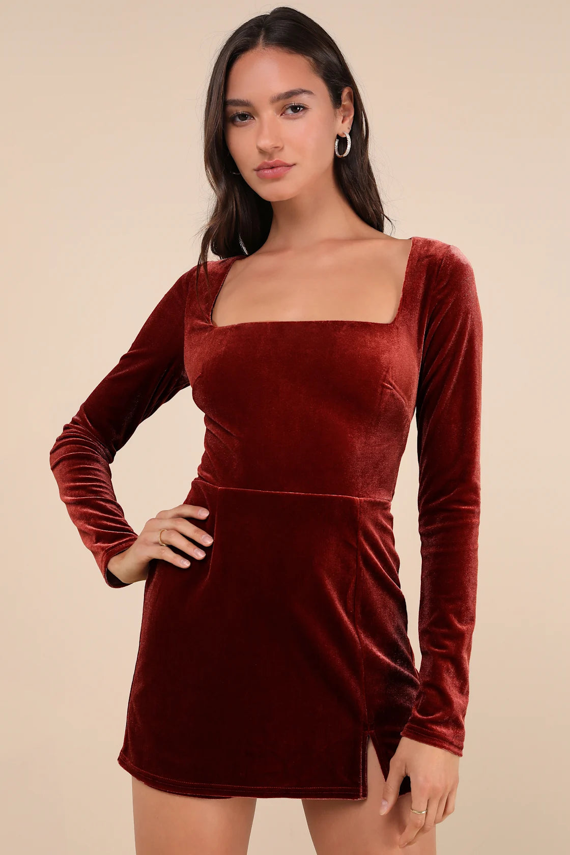 Admirable Aura Rust Velvet Long Sleeve Skort Romper