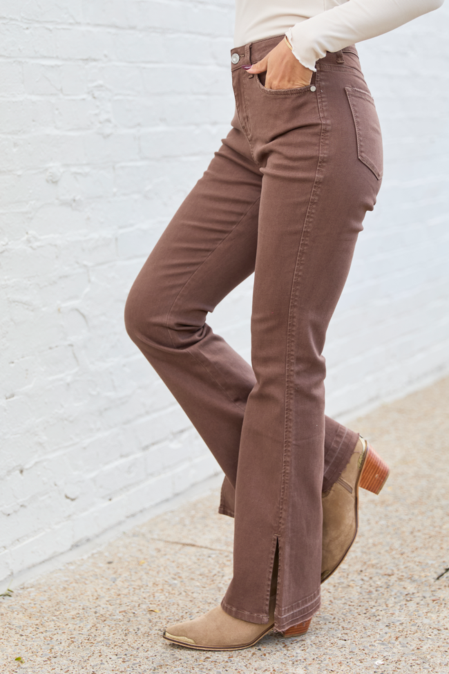 Adler Brown Stretch Split Flare Leg Jeans