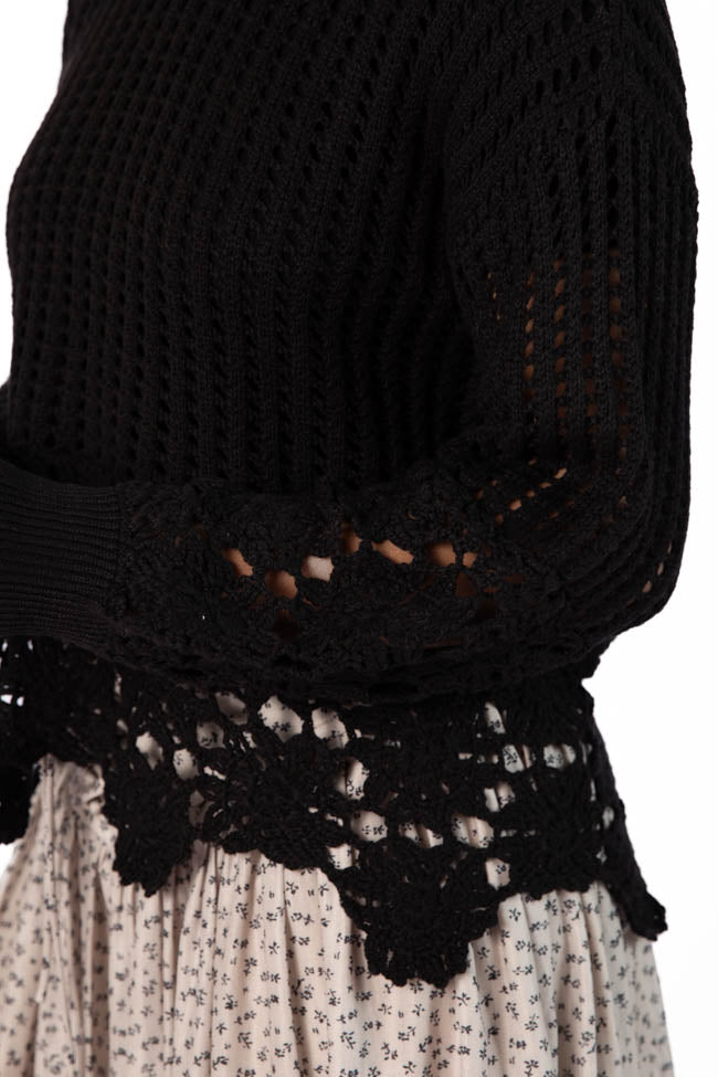 A Little Dramatic Black Flower Trim Crochet Sweater FINAL SALE