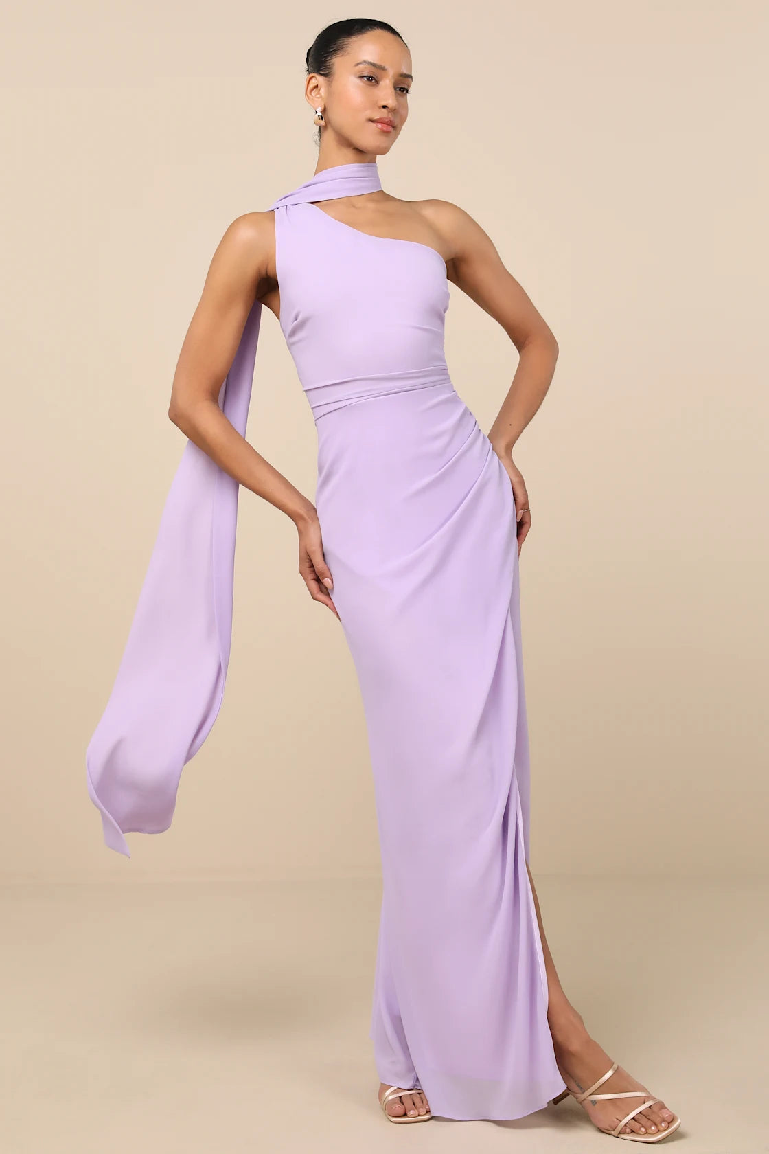Adeline Lavender One-Shoulder Scarf Maxi Dress