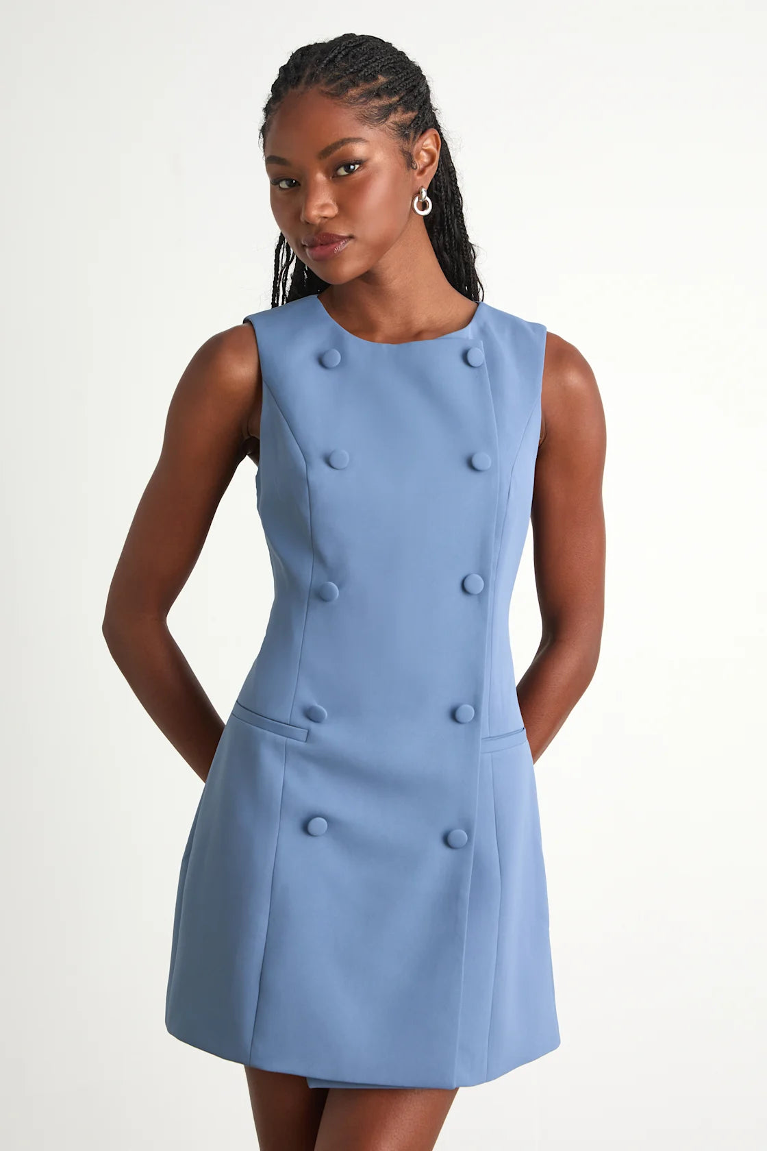 Adelie Dusty Blue Double Breasted Sleeveless Mini Dress