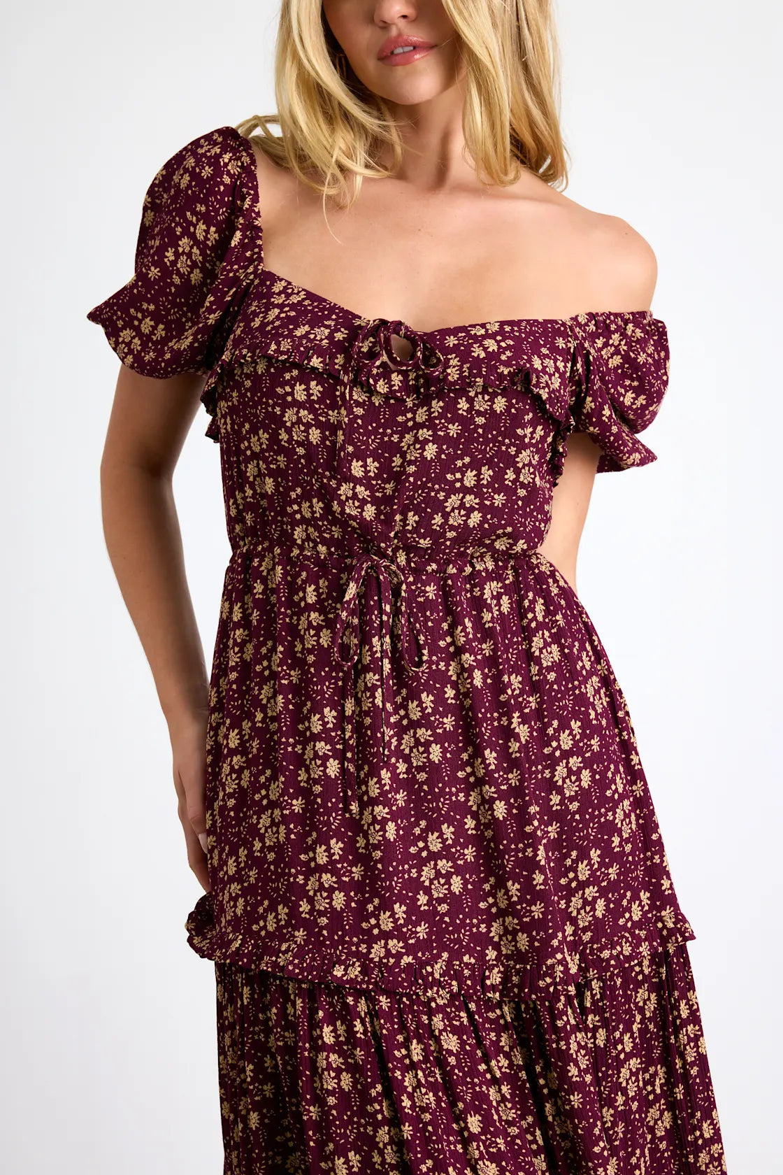 Adorable Ideal Burgundy Floral Print Tiered Ruffled Midi Dress