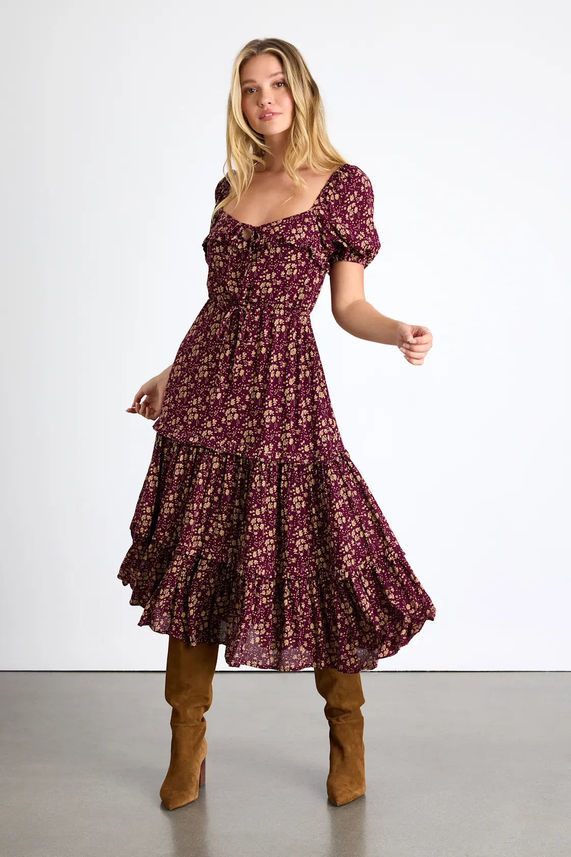 Adorable Ideal Burgundy Floral Print Tiered Ruffled Midi Dress
